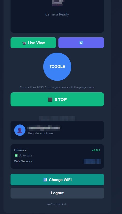 SGO app device and account section with firmware version, WiFi network, Change WiFi and Logout