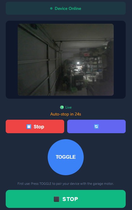 The SGO app showing a live camera view of a garage, with TOGGLE and STOP buttons