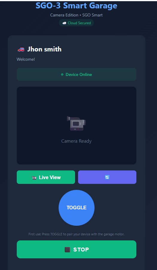 SGO app home screen with device status, camera panel, TOGGLE and STOP buttons