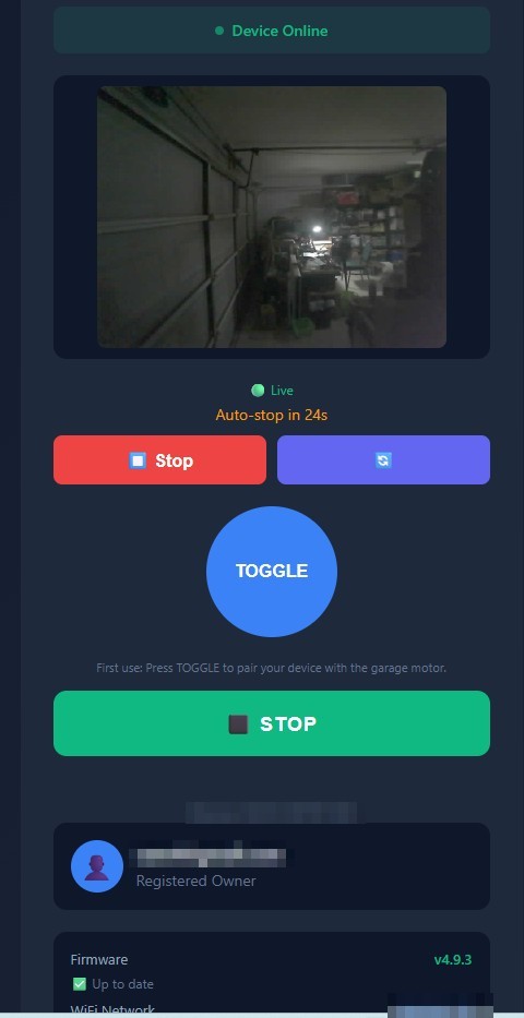 SGO app live camera view of a garage with an auto-stop countdown